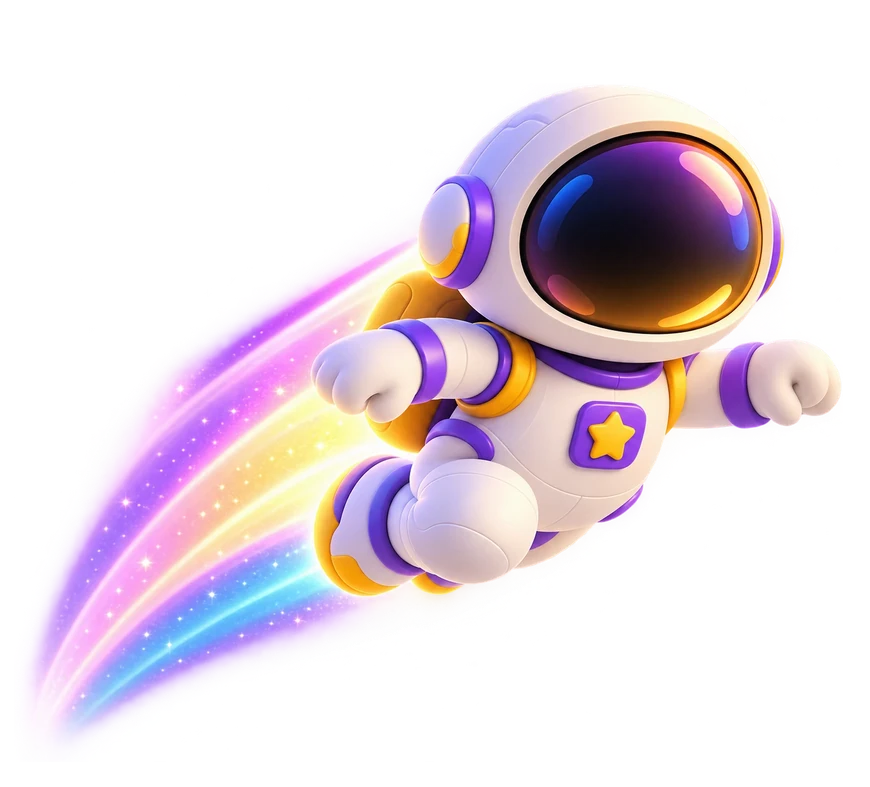 Kometinha, the Kometas astronaut, flying with a rainbow trail